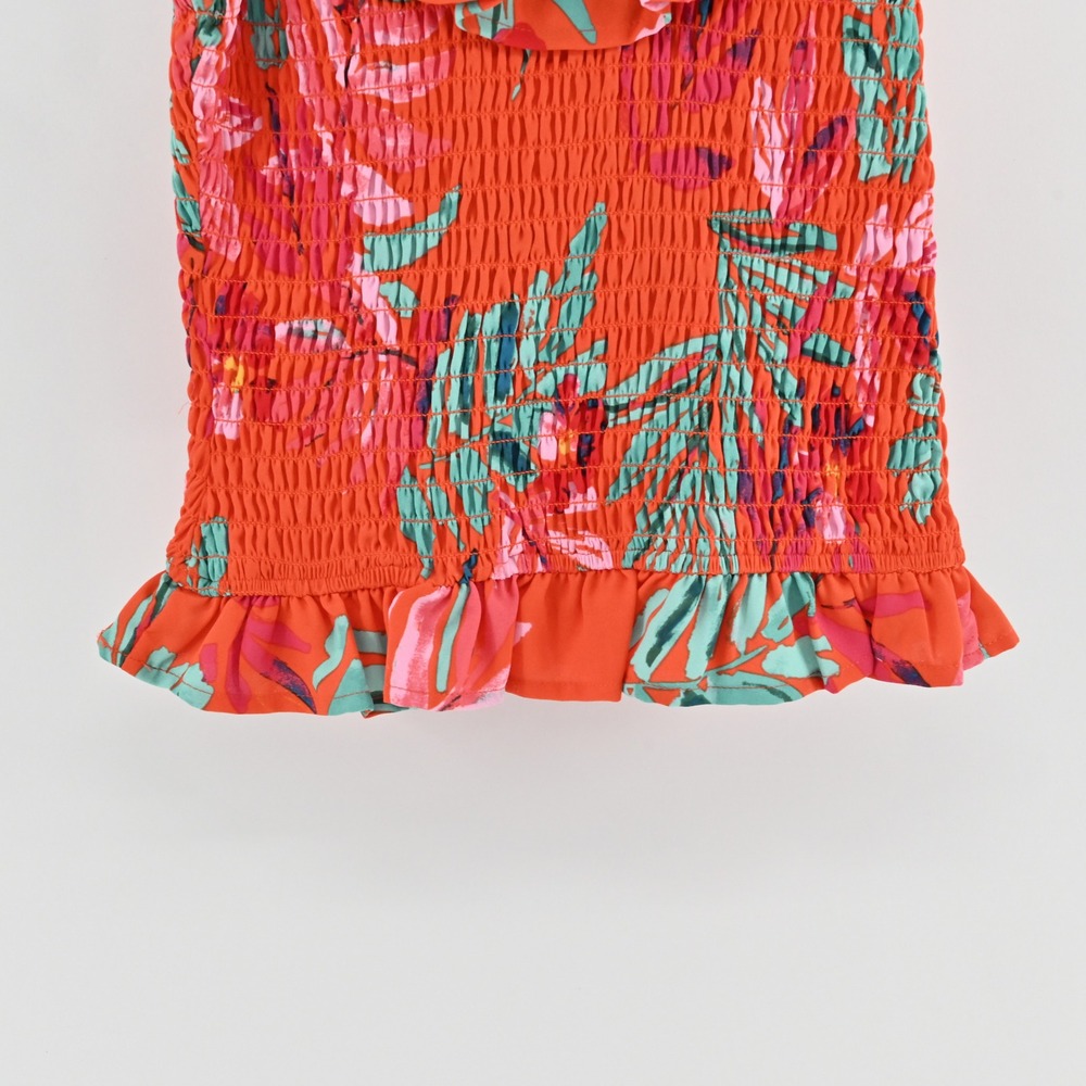 Sugar Lips Floral Smocked Ruffle Top Size S Tropical Vacation Sleeveless Orange - Picture 12 of 13